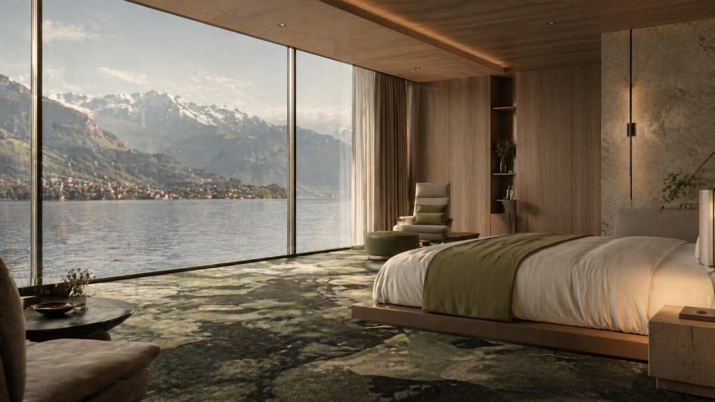 ALVA Grand Alpine Suite – Seepanorama mit Blick auf die schneebedeckten Gipfel
